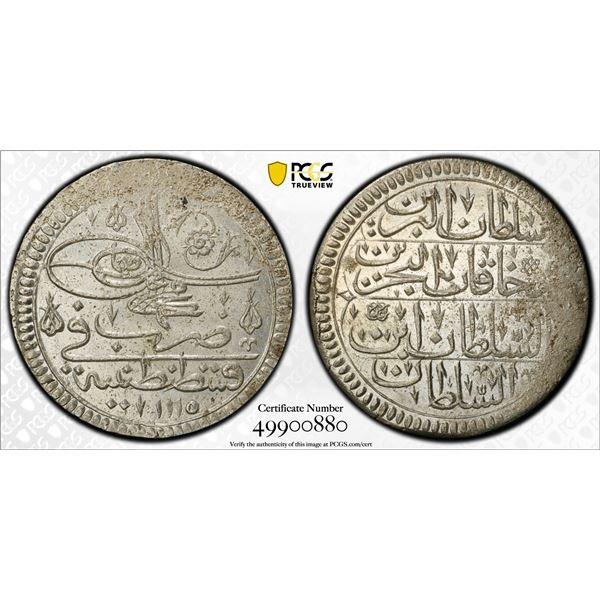 TURKEY: Ahmed III, 1703-1730, AR kurush, Kostantiniye, AH1115 (1703), PCGS MS63