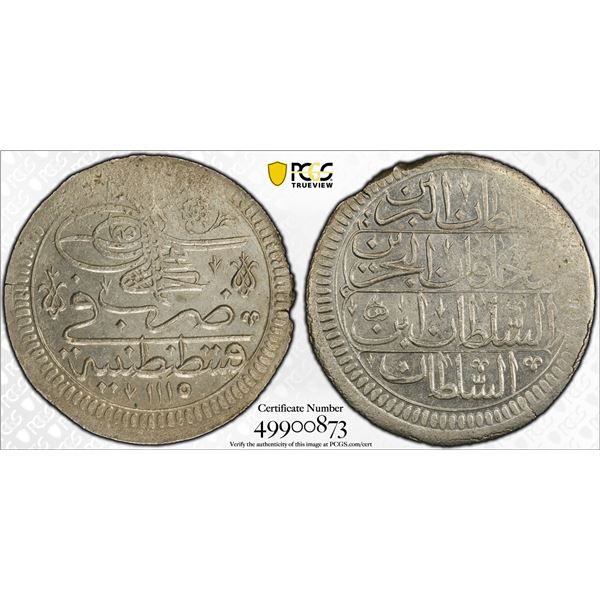 TURKEY: Ahmed III, 1703-1730, AR kurush, Kostantiniye, AH1115 (1703), PCGS MS63