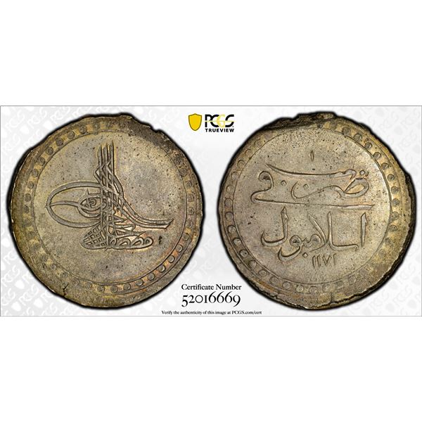 TURKEY: Mustafa III, 1757-1774, AR kurush, Islambul, AH1171 year 1, PCGS MS61