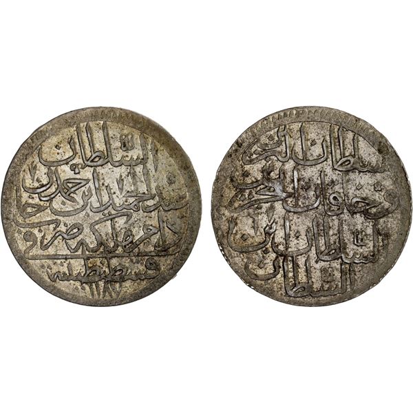 TURKEY: Abdul Hamid I, 1774-1789, AR 2 zolota (60 para), Kostantiniye, AH1187 year 6, choice XF-AU