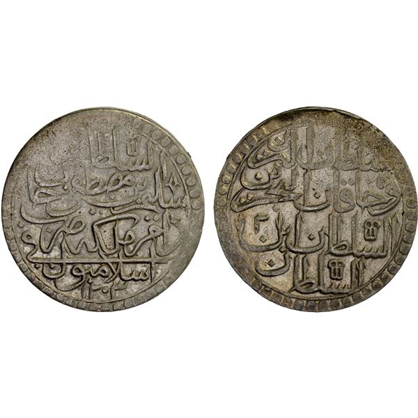TURKEY: Selim III, 1789-1807, AR 2 zolota (60 para) (18.36g), Islambul, AH1203 year 2, XF