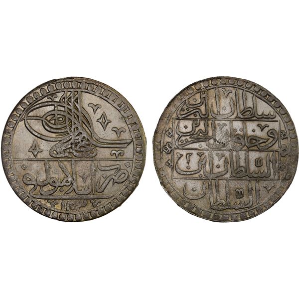 TURKEY: Selim III, 1789-1807, AR yüzlük (100 para) (31.33g), Islambul, AH1203 year 2, choice XF