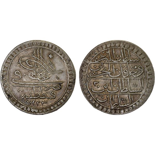 TURKEY: Mahmud II, 1808-1839, AR 10 para (2.99g), Kostantiniye, AH1223 year 2, XF
