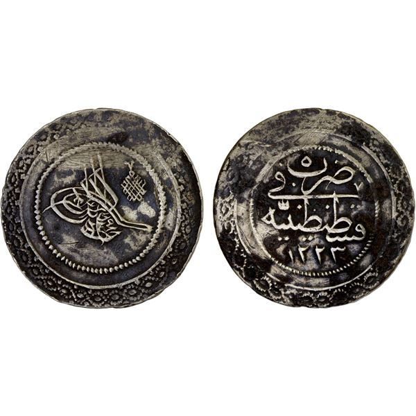 TURKEY: Mahmud II, 1808-1839, AR 2-1/2 piastres (100 para) (12.11g), Kostantiniye, AH1223 year 5, VF