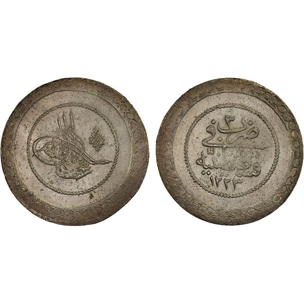 TURKEY: Mahmud II, 1808-1839, AR 2-1/2 piastres (100 para) (12.11g), Kostantiniye, AH1223 year 5, XF