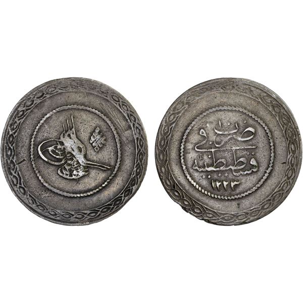 TURKEY: Mahmud II, 1808-1839, AR 5 piastres (24.99g), Kostantiniye, AH1223 year 10, XF