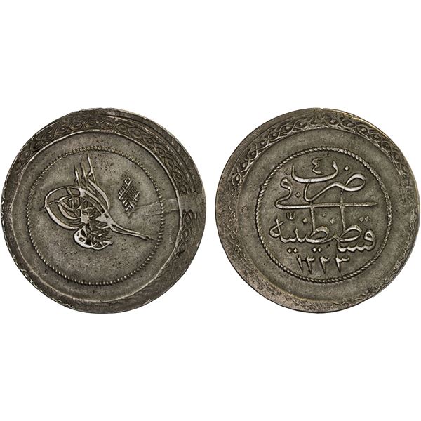 TURKEY: Mahmud II, 1808-1839, AR 5 piastres (26.49g), Kostantiniye, AH1223 year 4, XF