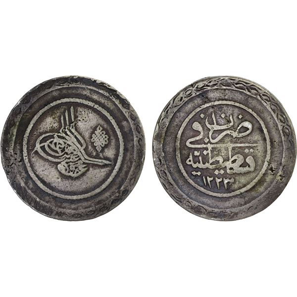 TURKEY: Mahmud II, 1808-1839, AR 5 piastres (23.60g), Kostantiniye, AH1223 year 10, Fine