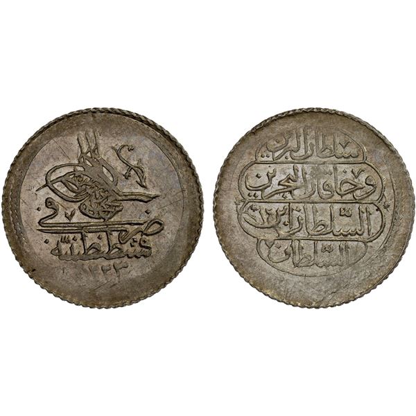 TURKEY: Mahmud II, 1808-1839, AR 5 para (1.55g), Kostantiniye, AH1223 year 15, XF