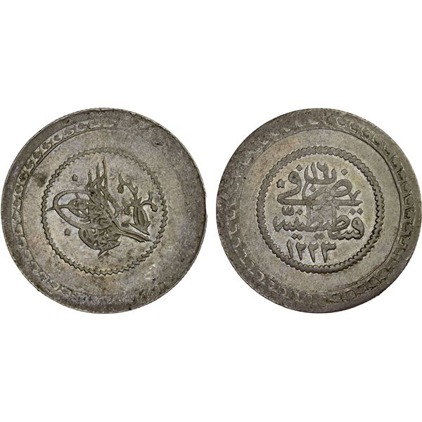 TURKEY: Mahmud II, 1808-1839, AR 2 piastres (12.33g), Kostantiniye, AH1223 year 16, lustrous AU