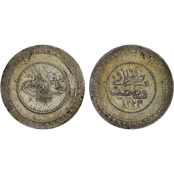 TURKEY: Mahmud II, 1808-1839, AR 2 piastres (12.84g), Kostantiniye, AH1223 year 16, XF