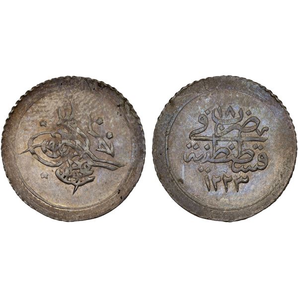 TURKEY: Mahmud II, 1808-1839, AR 5 para (0.80g), Kostantiniye, AH1223 year 18, lustrous Unc