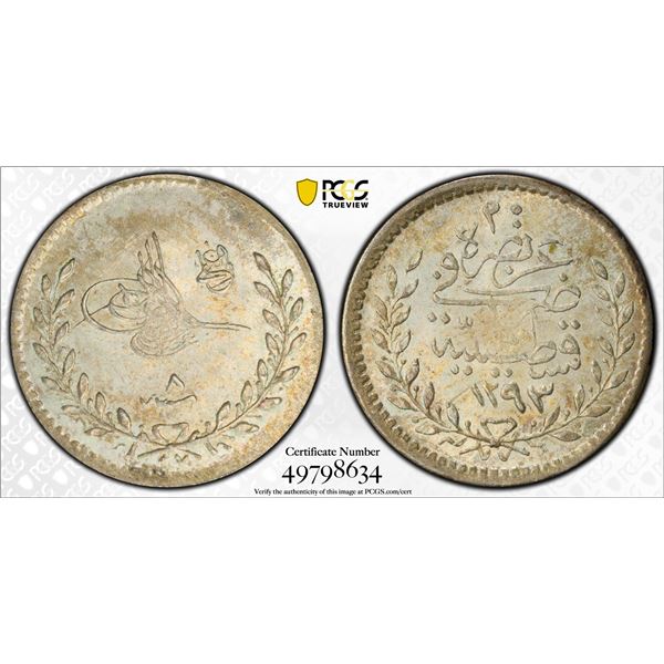 TURKEY: Abdul Hamid II, 1876-1909, AR 20 para, Kostantiniye, AH1293 year 8 (1883), PCGS MS65