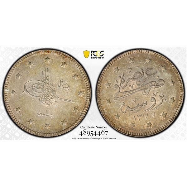 TURKEY: Mehnet V, 1909-1918, AR 2 kurush, Bursa, AH1327 year 1, PCGS MS62