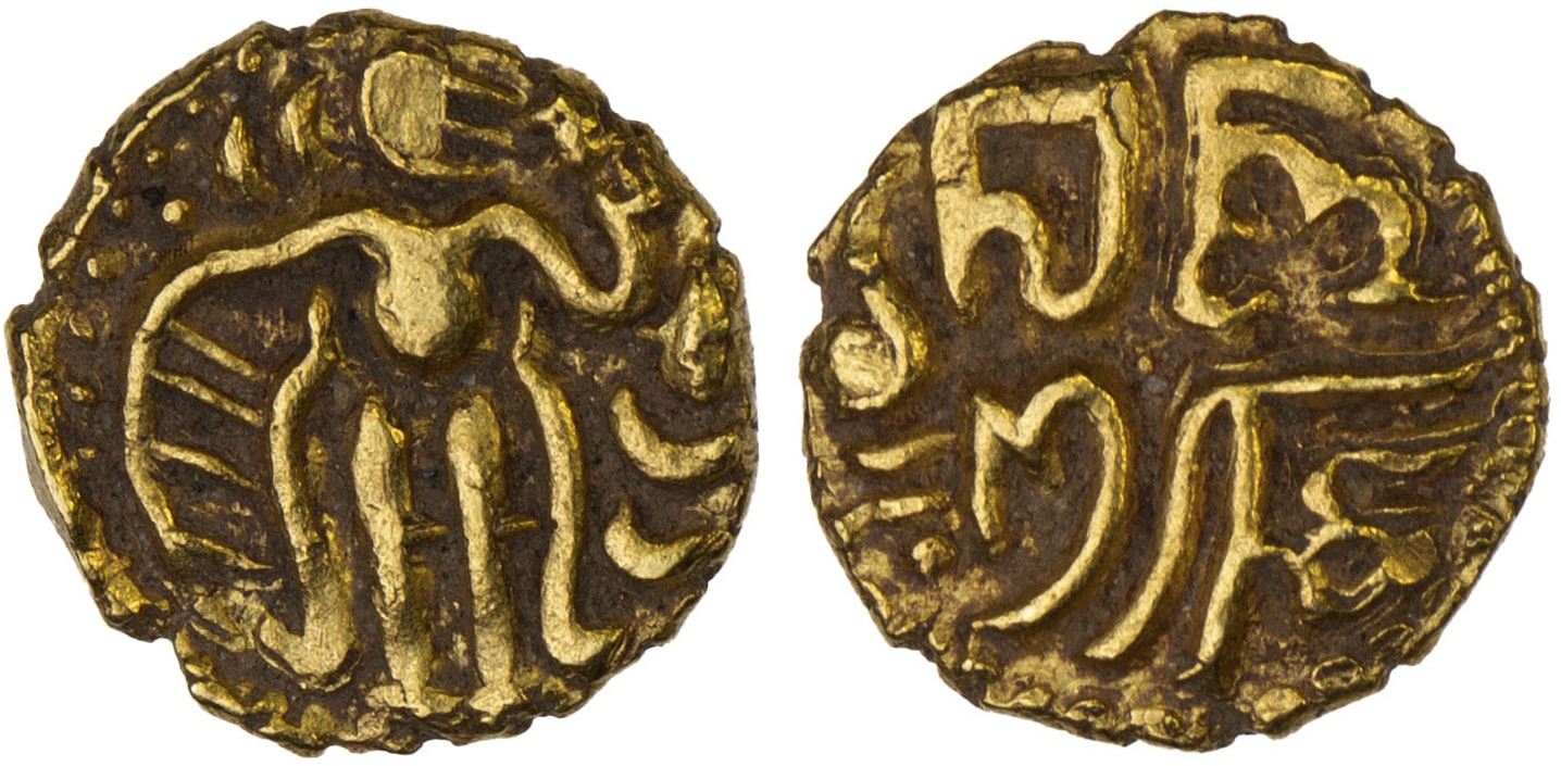 Kahavanu Raja Raja CHOLAS: temp. Raja Raja I, 985-1014, AV 1/6 kahavanu (0.71g), VF-XF ...