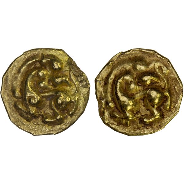 MEDIEVAL HINDU INDIA: Unknown issuer, ca. 12th/15th century, AV heavy fanam (0.51g), VF-XF