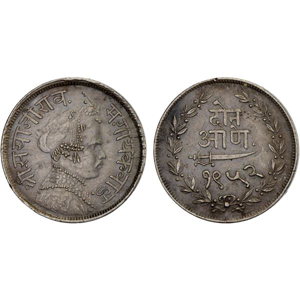 BARODA: Sayaji Rao III, 1875-1938, AR 2 annas, VS1952, choice XF