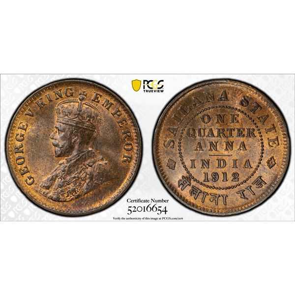SAILANA: Jaswant Singh, 1890-1919, AE 1/4 anna, 1912, PCGS MS64 RB