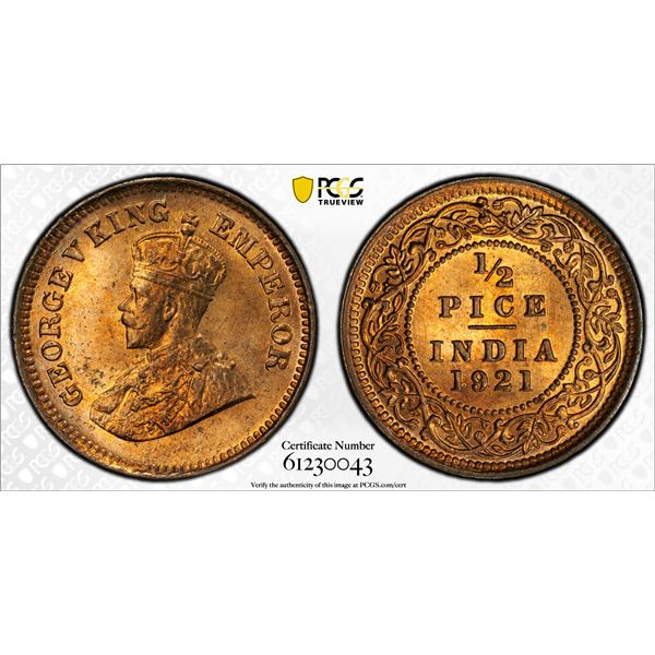 BRITISH INDIA: George V, 1910-1936, AE 1/2 pice, 1921(c), PCGS MS65 RD