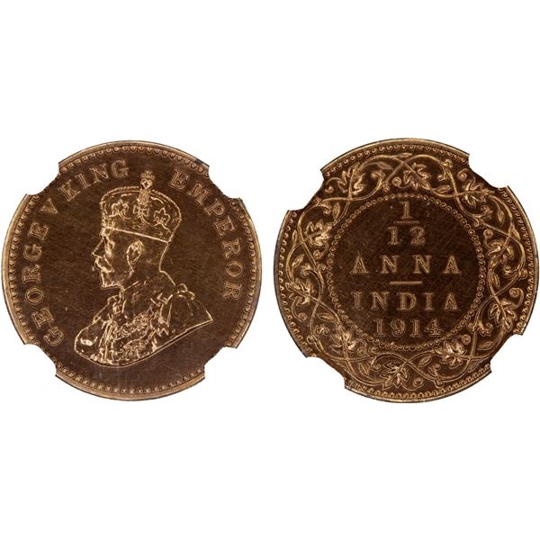 BRITISH INDIA: George V, 1910-1936, AE 1/12 anna, 1914(c), NGC MS63 PL RD