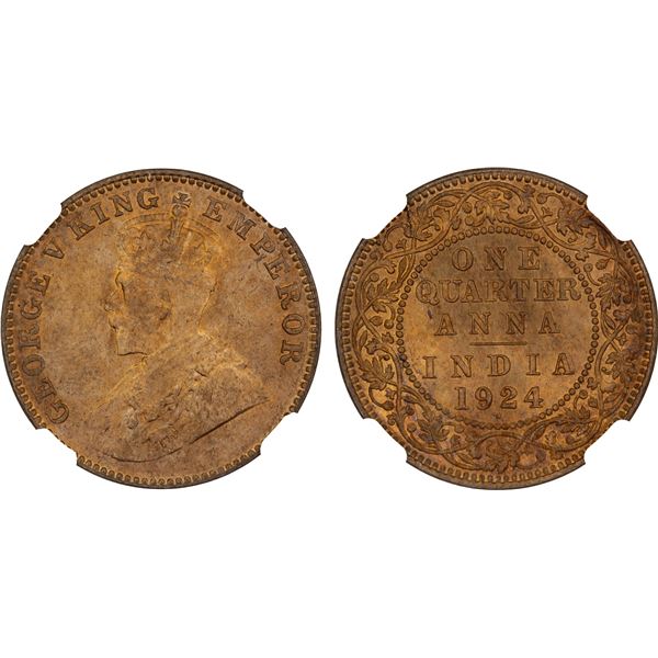 BRITISH INDIA: George V, 1910-1936, AE 1/4 anna, 1924(b), NGC MS67 RD