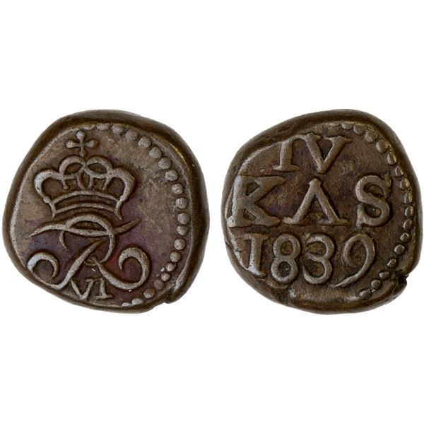 DANISH INDIA: Frederik VI, 1808-1839, AE 4 kas (2.54g), Tranquebar, 1839, XF