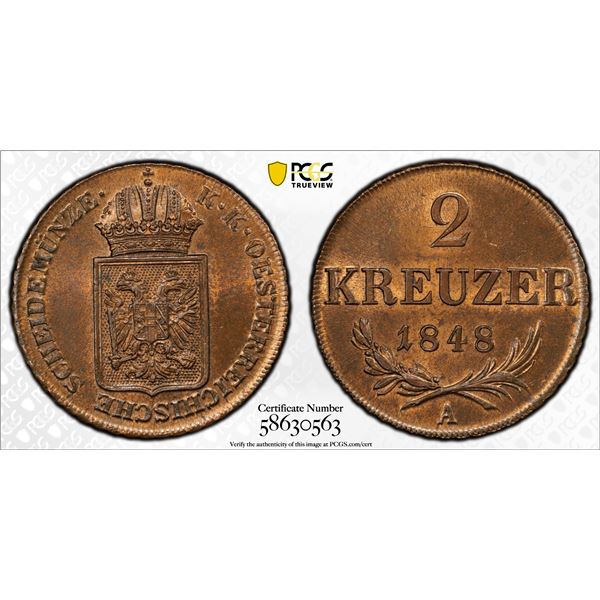 AUSTRIA: Franz Joseph I, 1848-1916, AE 2 kreuzer, 1848-A, PCGS MS64 RB