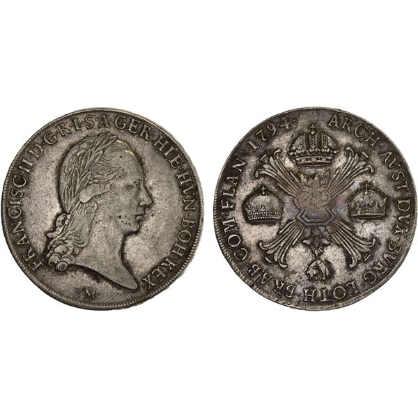 AUSTRIAN NETHERLANDS: Franz II, 1792-1795, AR kronenthaler, Milan, 1794-M, VF