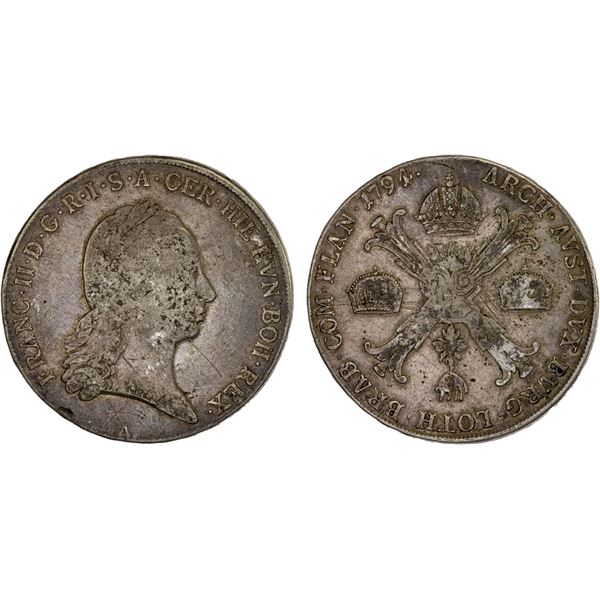 AUSTRIAN NETHERLANDS: Franz II, 1792-1795, AR kronenthaler, Vienna, 1794-A, Fine