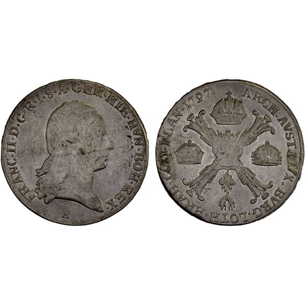 AUSTRIAN NETHERLANDS: Franz II, 1792-1795, AR kronenthaler, Günzburg, 1797-H, VF-XF