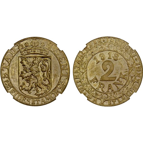 BELGIUM: GHENT: German Occupation, AE 2 franken, 1918, NGC MS65