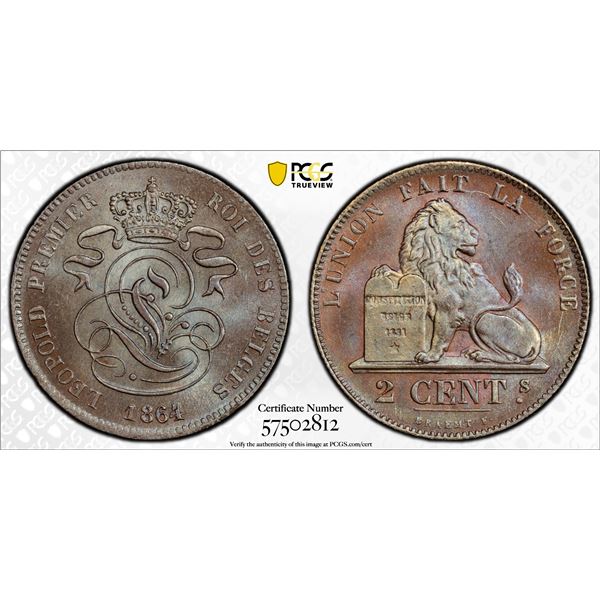 BELGIUM: Leopold I, 1831-1865, AE 2 centimes, 1864, PCGS MS65 BN