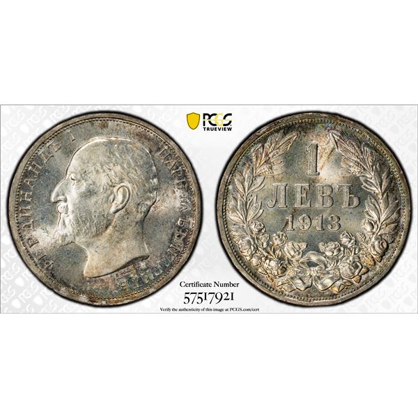 BULGARIA: Ferdinand I, 1887-1918, AR lev, 1913, PCGS MS64