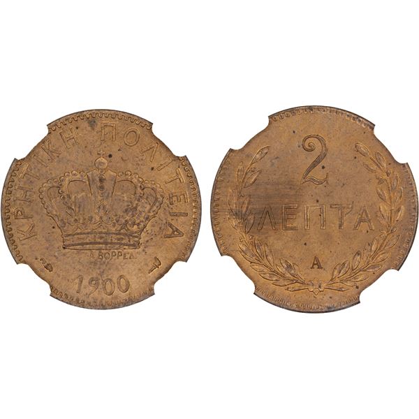 CRETE: Cretan State, AE 2 lepta, 1900-A, NGC MS64 RD