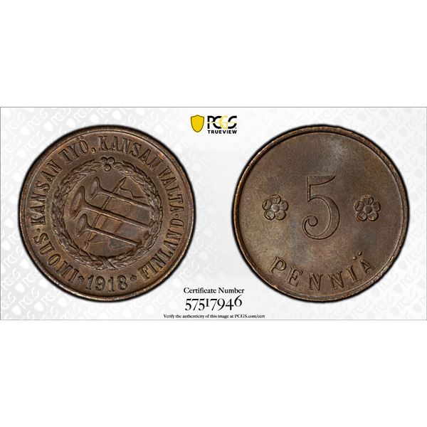 FINLAND: Socialist Workers' Republic, AE 5 penniä, 1918, PCGS MS65 BN