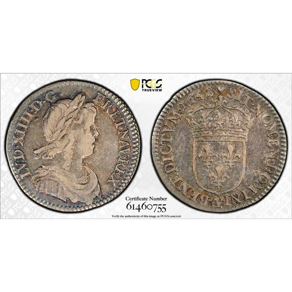 FRANCE: Louis XIV, 1643-1715, AR 1/12 écu (10 sols), Paris, 1648-A, PCGS EF45