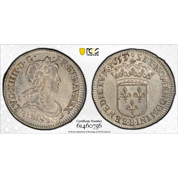 FRANCE: Louis XIV, 1643-1715, AR 1/12 écu à la mèche (10 sols), Rouen, 1653-B, PCGS AU55