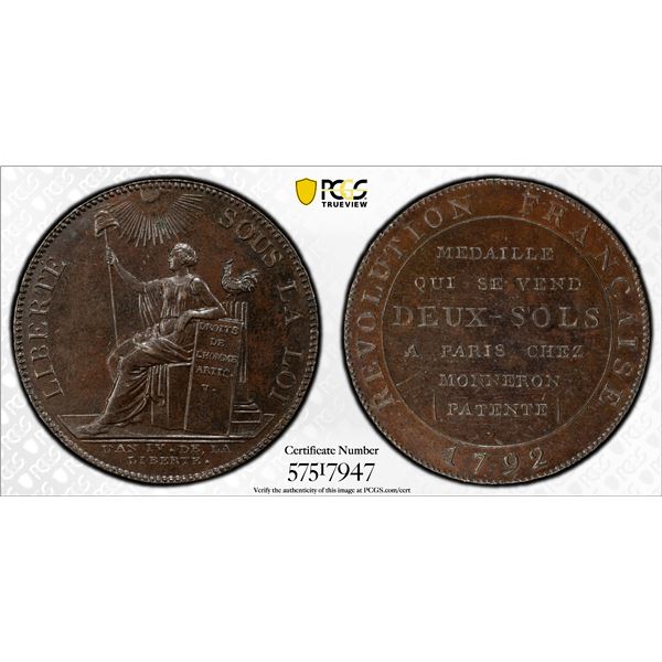 FRANCE: First Republic, AE 2 sols token, 1792, NGC MS63 BN