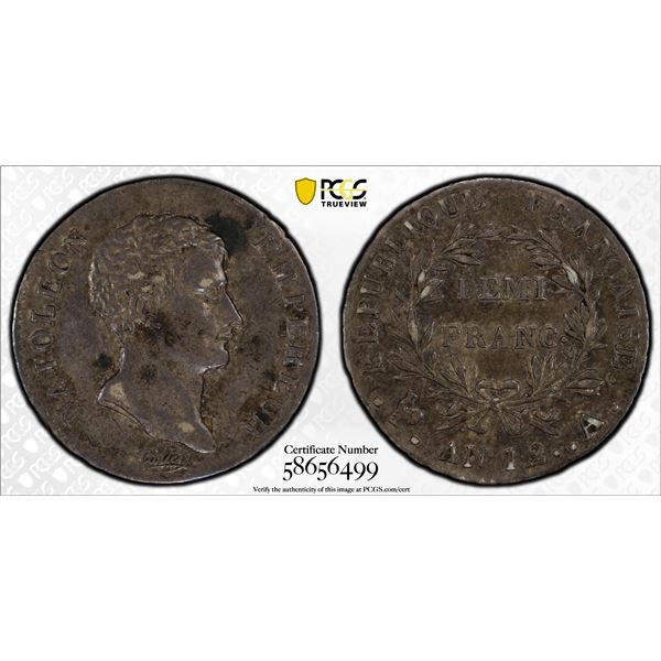 FRANCE: Napoleon I, First Consul, 1799-1804, AR 1/2 franc, AN12-A (1803), PCGS AU53