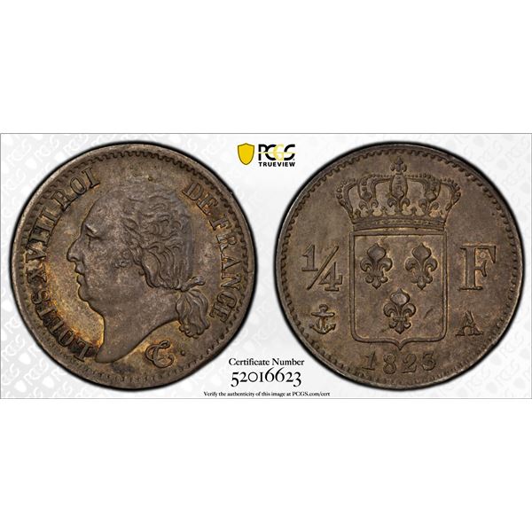 FRANCE: Louis XVIII, 2nd Reign, 1815-1824, AR 1/4 franc, 1823-A, PCGS AU55