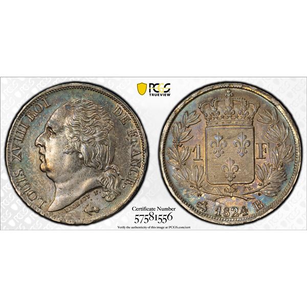 FRANCE: Louis XVIII, 2nd Reign, 1815-1824, AR franc, 1824-B, PCGS MS62