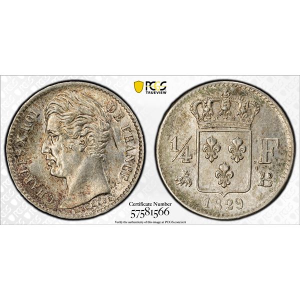 FRANCE: Charles X, 1824-1830, AR 1/4 franc, 1829-B, PCGS MS64
