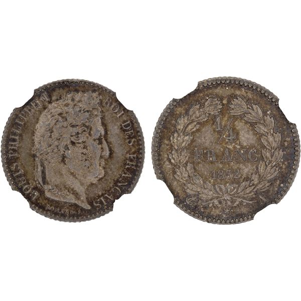 FRANCE: Louis Philippe, 1830-1848, AR 1/4 franc, Paris, 1832-A, NGC MS64