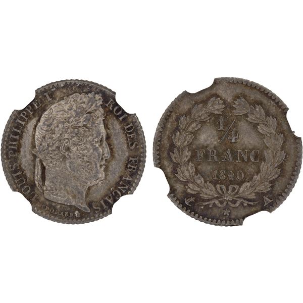 FRANCE: Louis Philippe, 1830-1848, AR 1/4 franc, Paris, 1840-A, NGC MS64
