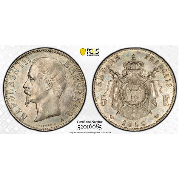 FRANCE: Napoleon III, 1852-1870, AR 5 francs, 1856-A, PCGS Unc details