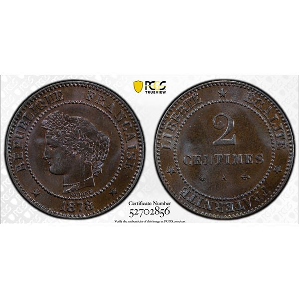 FRANCE: Third Republic, AE 2 centimes, 1878-A, PCGS MS66 BN