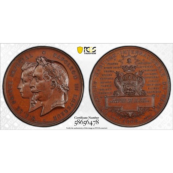 FRANCE: Napoleon III, 1852-1870, AE medal, 1868, PCGS MS65