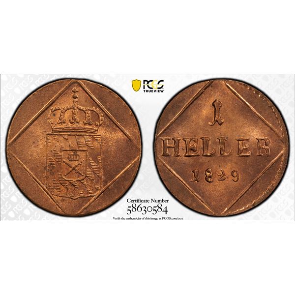 BAVARIA: Maximilian I Joseph, 1805-1825, AE heller, 1829, PCGS MS66 RD