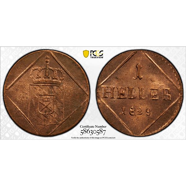 BAVARIA: Maximilian I Joseph, 1805-1825, AE heller, 1829, PCGS MS64 RD