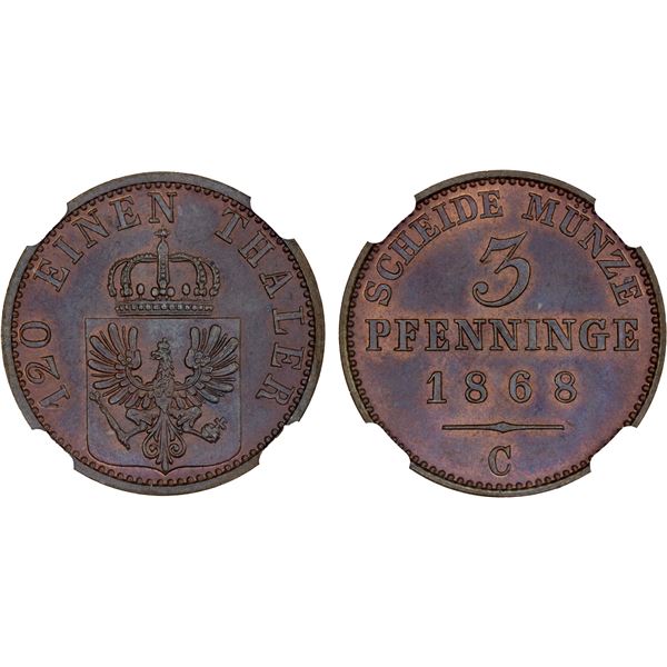 PRUSSIA: Wilhelm I, 1861-1888, AE 3 pfennig, Cleve, 1868-C, NGC MS65 BN